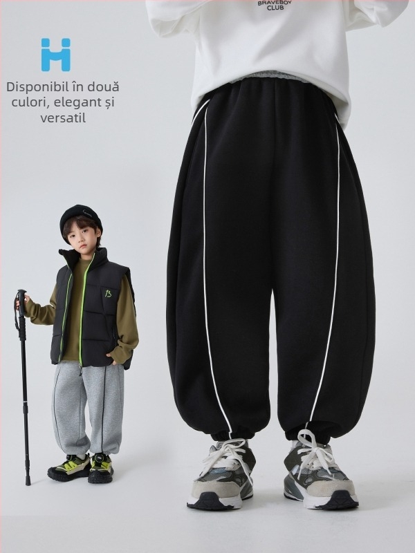 Haima's House Pantaloni de iarnă pentru băieți, stil coreean, țesătură terry, 60% bumbac, talie medie cu curea de cauciuc