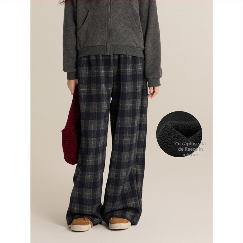 Pantaloni casual pentru fetițe cu carouri, talie înaltă, lungi, 95% poliester, toamnă-iarnă