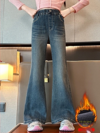 Pantaloni din denim pentru fete, căptuți cu fleece, talie medie, croială evazată, bumbac 70%