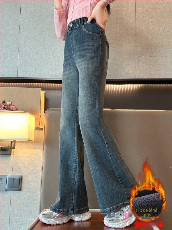 Pantaloni din denim pentru fete, căptuți cu fleece, talie medie, croială evazată, bumbac 70%