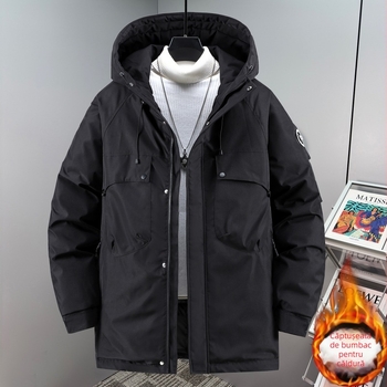 Geacă masculină de iarnă cu umplutură de bumbac, glugă, fermoar, izolație groasă, buzunare cu fermoar