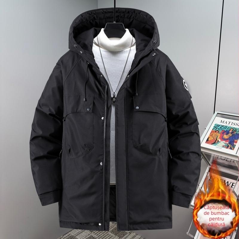 Geacă masculină de iarnă cu umplutură de bumbac, glugă, fermoar, izolație groasă, buzunare cu fermoar