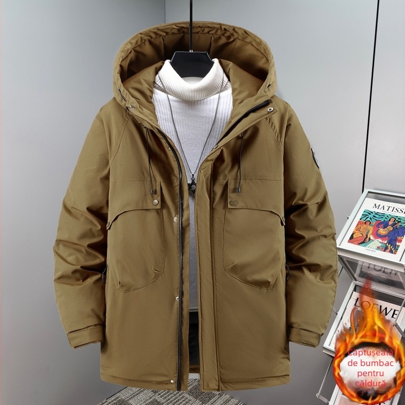 Geacă masculină de iarnă cu umplutură de bumbac, glugă, fermoar, izolație groasă, buzunare cu fermoar