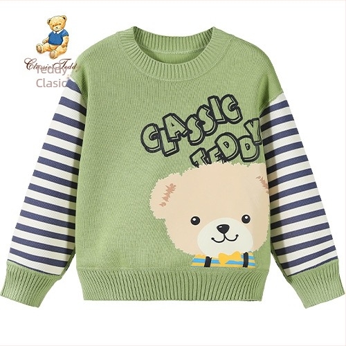 Pulover tricotat pentru copii, model cartoon cu patchwork și dungi, din bumbac 57% bumbac, toamnă–iarnă