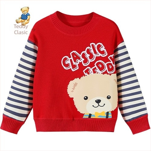 Pulover tricotat pentru copii, model cartoon cu patchwork și dungi, din bumbac 57% bumbac, toamnă–iarnă