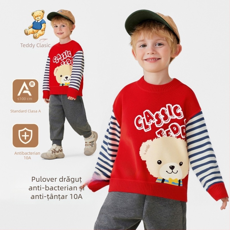 Pulover tricotat pentru copii, model cartoon cu patchwork și dungi, din bumbac 57% bumbac, toamnă–iarnă