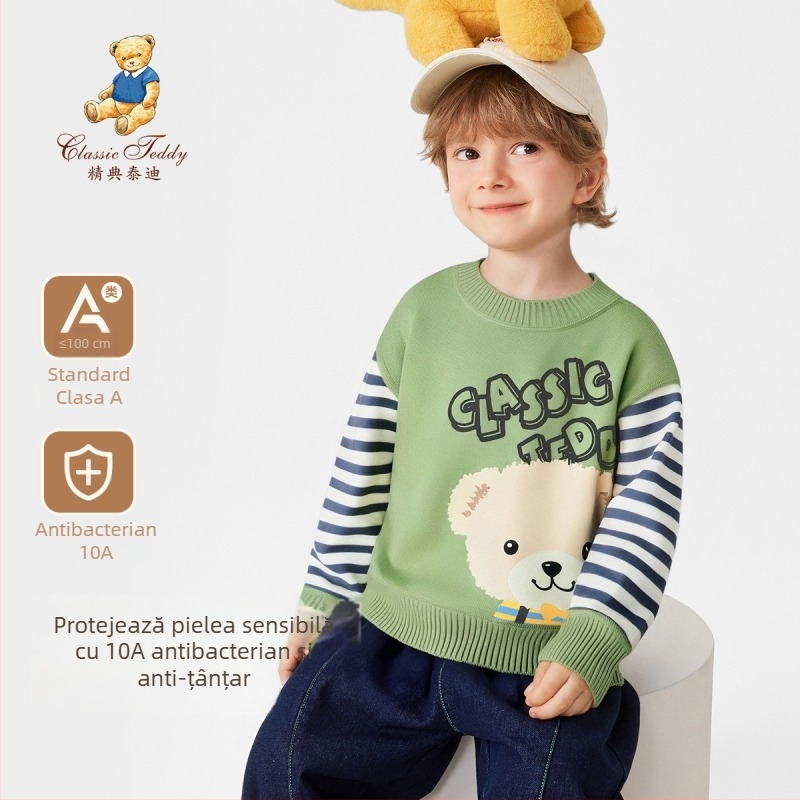 Pulover tricotat pentru copii, model cartoon cu patchwork și dungi, din bumbac 57% bumbac, toamnă–iarnă