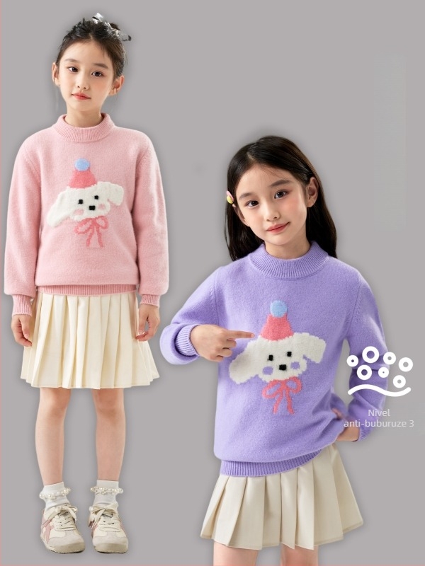 Pulover pentru copii din lână 100% cu jacquard temă desen animat, tricot gros, guler rotund, mâneci lungi