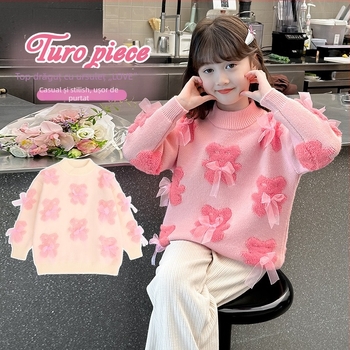 Pulover tricotat gros pentru copii, iarnă, stil dulce, mâneci lungi, guler rotund; material principal: alpaca; 100% poliester