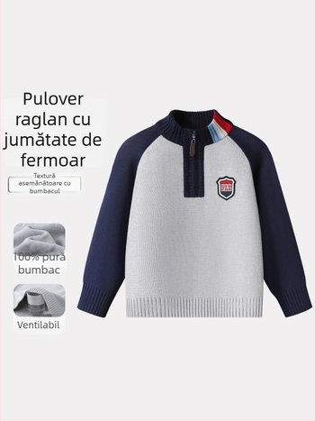 Pulover cu fermoar pentru băieți, tricot din bumbac, 100% bumbac; mâneci lungi; pentru copii peste 8 ani; primăvară/toamnă