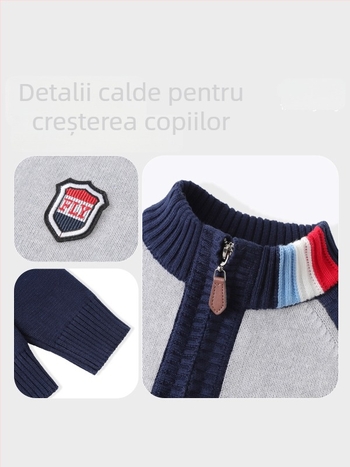 Pulover cu fermoar pentru băieți, tricot din bumbac, 100% bumbac; mâneci lungi; pentru copii peste 8 ani; primăvară/toamnă