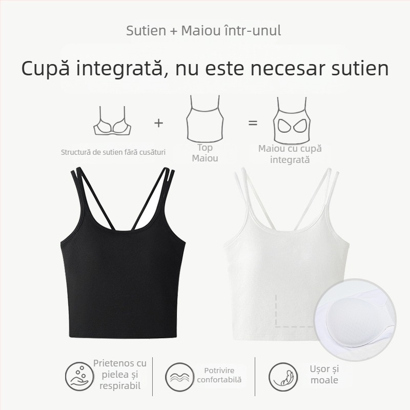 Camisolă damă solidă cu pernă pentru sân încorporată, fără sutien, top scurt, cu spate frumos