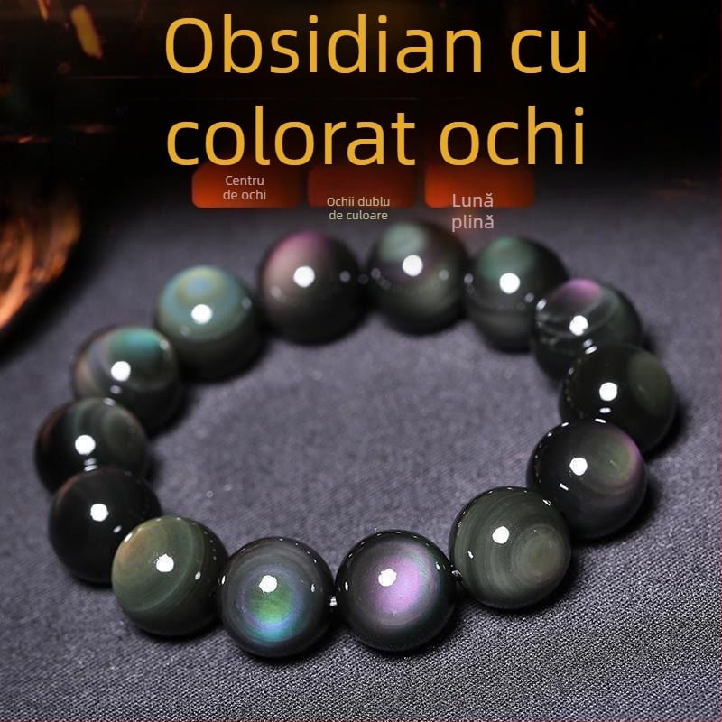 Brățară din obsidian natural cu ochi curcubeu, șir simplu, ochi dubli, unisex, realizare manuală, mărgele de 10 mm