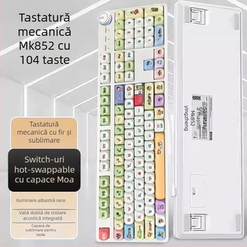 Tastatură mecanică cu 104 taste, switch verde, cablată, pentru desktop, iluminare monocromă, cablu 1,6 m