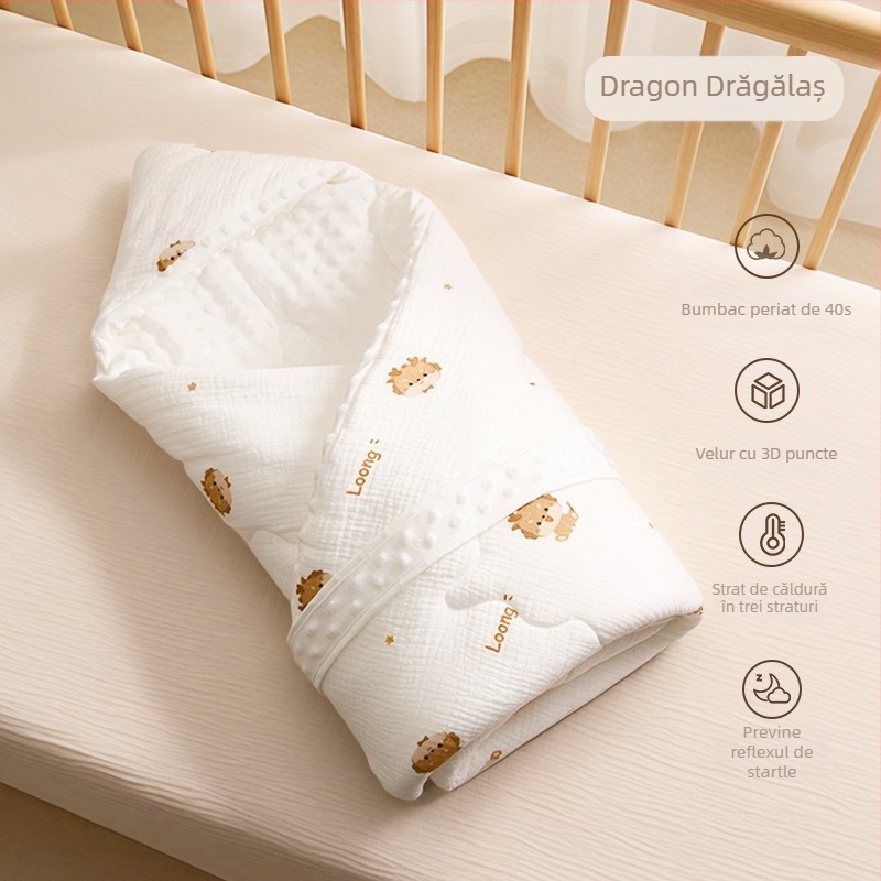 Cuvertură pentru nou-născuți, călduroasă toamnă-iarnă, imprimeu animal, material din fir, nivel de siguranță A