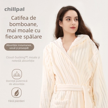 Halat de baie cu glugă, din fleece coral, 150D, velur tăiat, model dungi/grilă, absorbant
