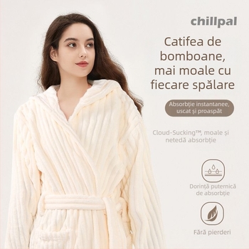 Halat de baie cu glugă, din fleece coral, 150D, velur tăiat, model dungi/grilă, absorbant