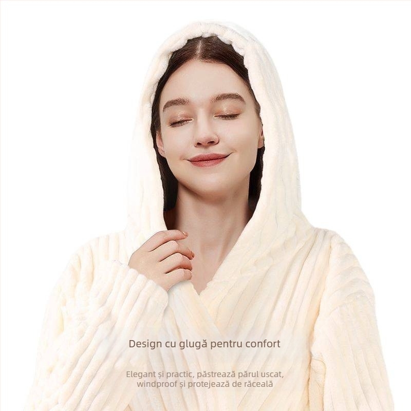 Halat de baie cu glugă, din fleece coral, 150D, velur tăiat, model dungi/grilă, absorbant