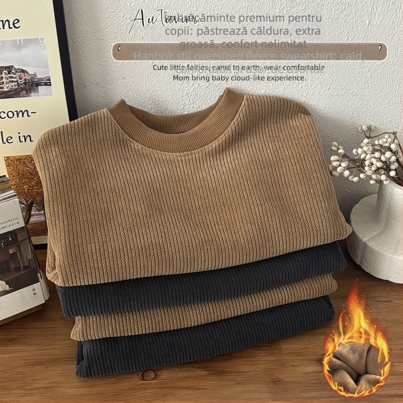 Pulover pentru copii cu căptușeală de fleece, țesătură groasă, mâneci lungi, fără glugă, stil toamnă-iarnă, cu litere