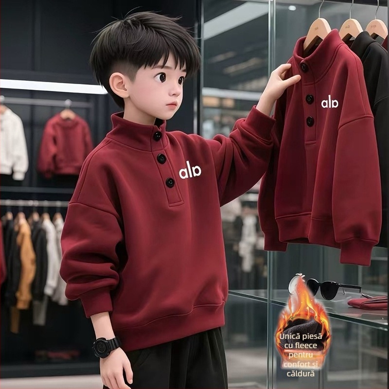 Pulover pentru băieți din bumbac cu căptușeală fleece, gros, mâneci lungi, imprimeu cu litere, stil coreean