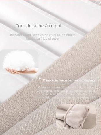 Jachetă damă cu puf de rață alb, 50% conținut puf, umplutură din puf alb de rață, grosime pronunțată, lungime scurtă 40–50 cm, fermoar frontal, mâneci lungi, țesătură spandex