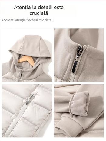 Jachetă damă cu puf de rață alb, 50% conținut puf, umplutură din puf alb de rață, grosime pronunțată, lungime scurtă 40–50 cm, fermoar frontal, mâneci lungi, țesătură spandex