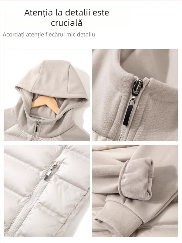 Jachetă damă cu puf de rață alb, 50% conținut puf, umplutură din puf alb de rață, grosime pronunțată, lungime scurtă 40–50 cm, fermoar frontal, mâneci lungi, țesătură spandex