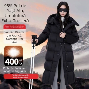 Geacă lungă de damă din puf de gâscă, material nylon, fermoar, căldură extremă, umplere 351–400 g, model de iarnă 2025