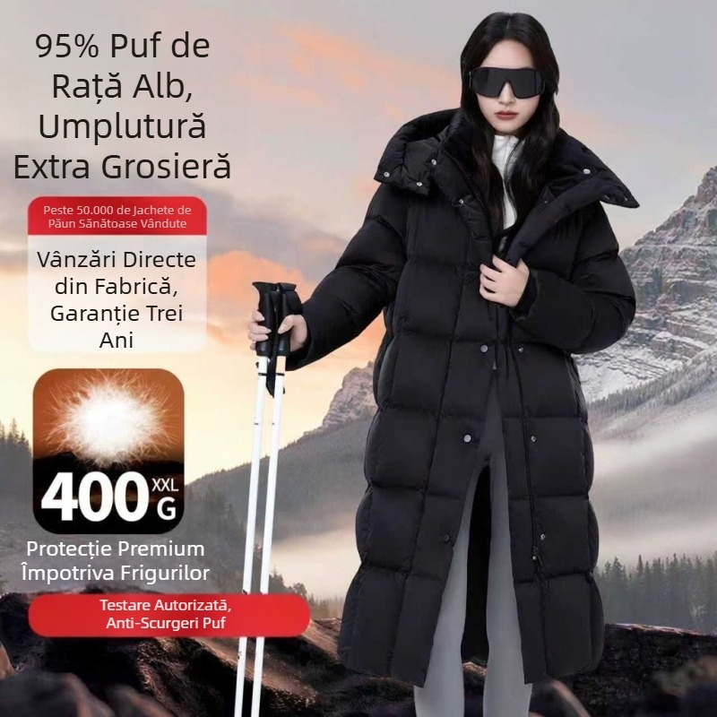 Geacă lungă de damă din puf de gâscă, material nylon, fermoar, căldură extremă, umplere 351–400 g, model de iarnă 2025