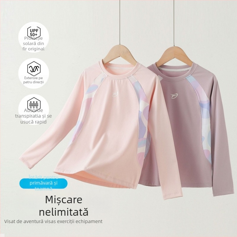 Top sport cu mâneci lungi pentru fete, din nylon respirabil, model litere/abstract, pentru copii 7–12 ani