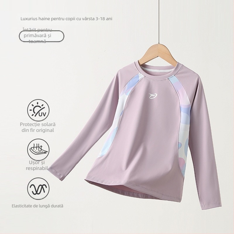 Top sport cu mâneci lungi pentru fete, din nylon respirabil, model litere/abstract, pentru copii 7–12 ani