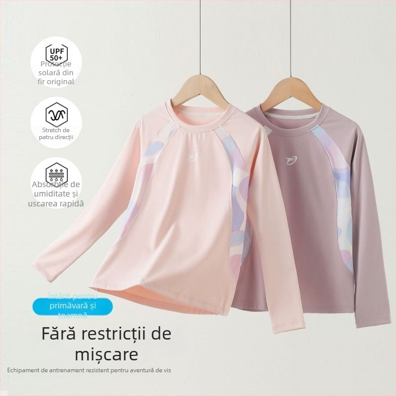 Top sport cu mâneci lungi pentru fete — respirabil, uscare rapidă din nailon, model abstract, pentru 7–12 ani, toamnă-iarnă 2025