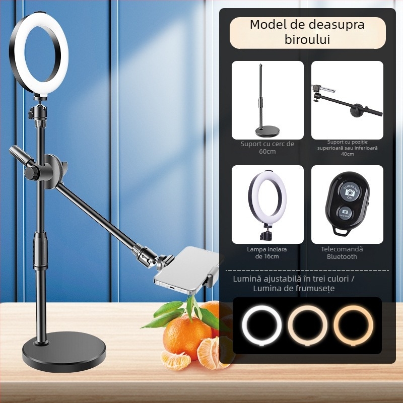 Suport de telefon deasupra biroului pentru filmări profesionale cu iluminare pentru livestream și selfie (Tip: Air bag holder; Material: Alloy; Stil: Simple)