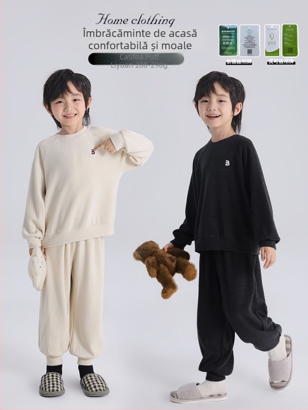 Set de loungewear pentru copii băieți: hanorac cu glugă și fermoar, mâneci lungi, pantaloni scurți, material din fibră regenerată de celuloză, primăvară–toamnă.