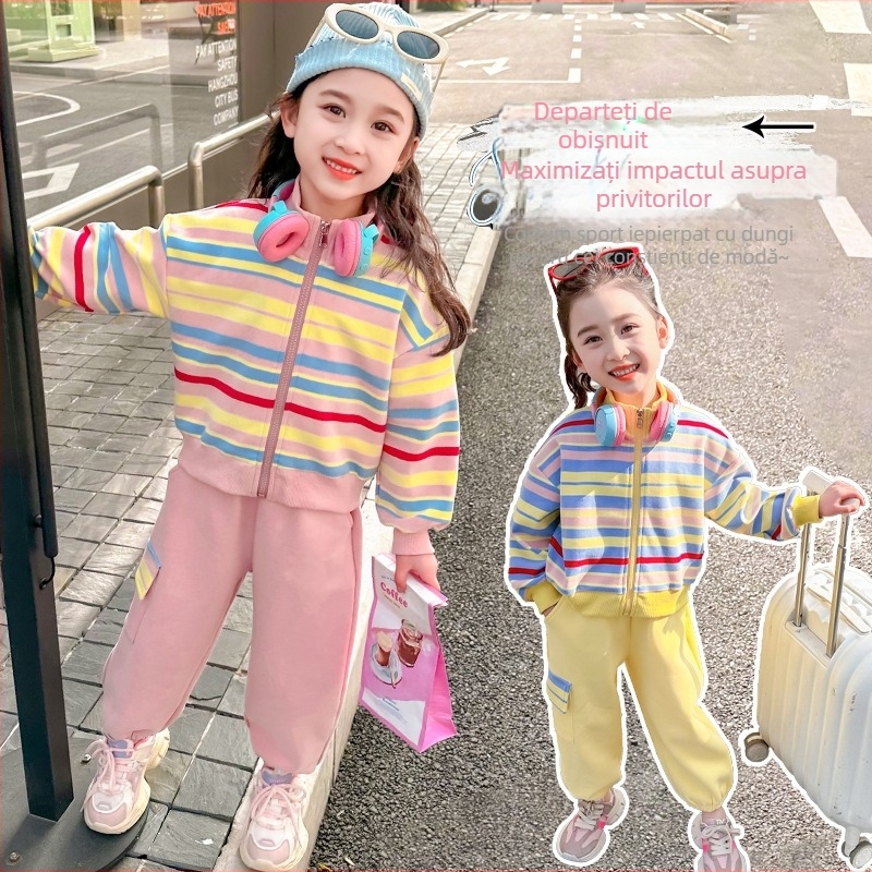 Set din două piese din bumbac pentru fete, cu dungi, stil coreean, top pulover cu mânecă lungă și pantaloni, pentru primăvară și toamnă