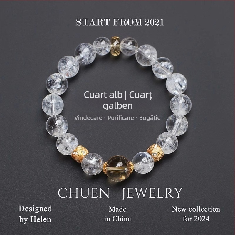 Brățară din cristal alb, pietre de citrin pe laterală, placare argintiu-auriu, stil lux lejer