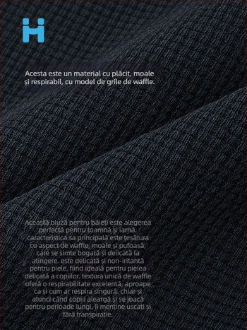 Tricou pentru copii, stil coreean, bumbac waffle, mâneci lungi, guler rotund