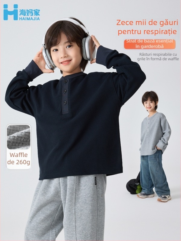Tricou pentru copii, stil coreean, bumbac waffle, mâneci lungi, guler rotund