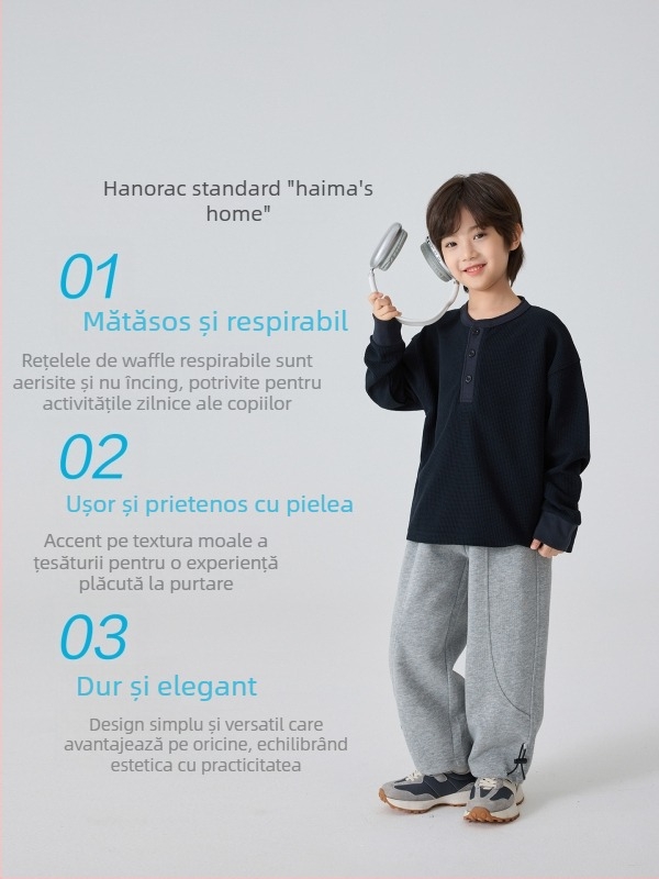 Tricou pentru copii, stil coreean, bumbac waffle, mâneci lungi, guler rotund