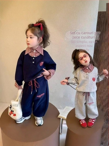 Set din două piese pentru fetițe, toamnă 2025, stil coreean cu broderie polo, inspirație colegială