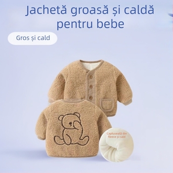 Jachetă bebeluș din fleece pluș – palton gros de iarnă, guler rotund, mâneci lungi, căptușeală poliester