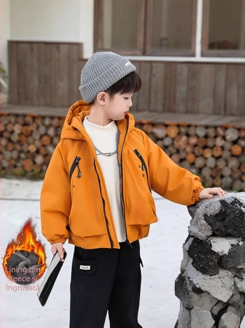 Jachetă de iarnă pentru copii: parka groasă, cu glugă, guler înalt, fermoar