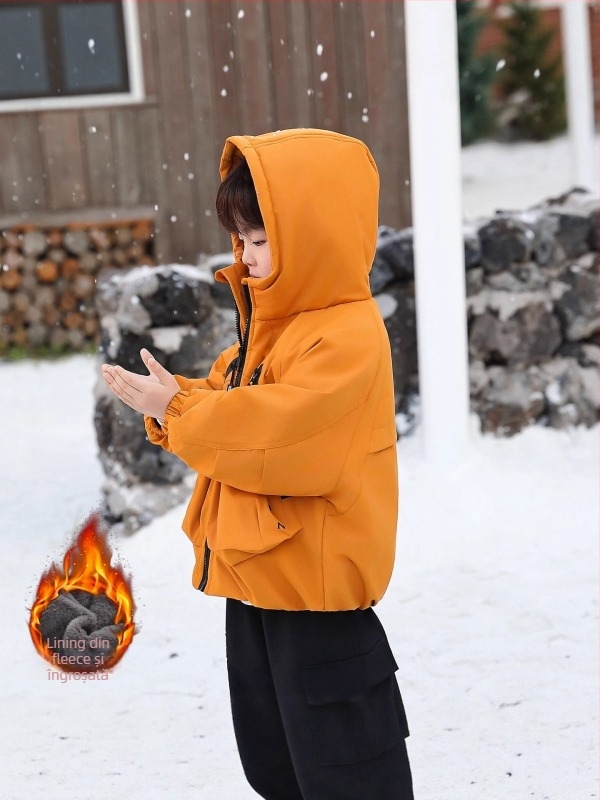 Jachetă de iarnă pentru copii: parka groasă, cu glugă, guler înalt, fermoar