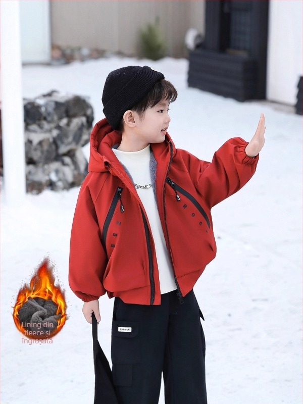 Jachetă de iarnă pentru copii: parka groasă, cu glugă, guler înalt, fermoar