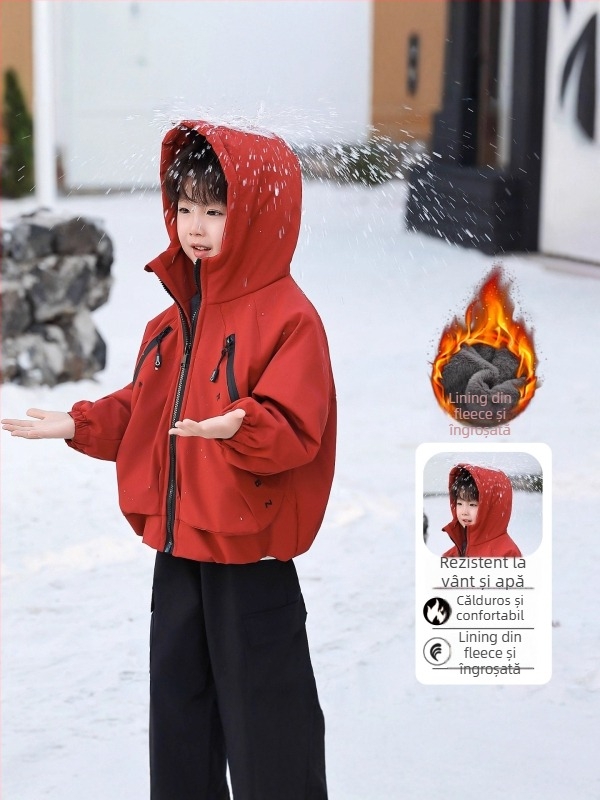 Jachetă de iarnă pentru copii: parka groasă, cu glugă, guler înalt, fermoar