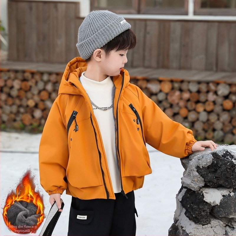 Jachetă de iarnă pentru copii: parka groasă, cu glugă, guler înalt, fermoar