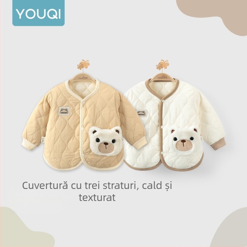 Geacă pentru copii din nylon, căptușită cu fleece, pentru 1-3 ani, decolteu în V