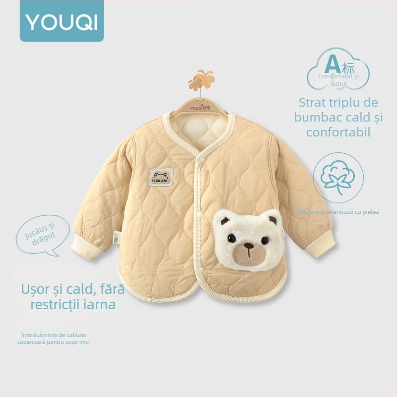 Geacă pentru copii din nylon, căptușită cu fleece, pentru 1-3 ani, decolteu în V