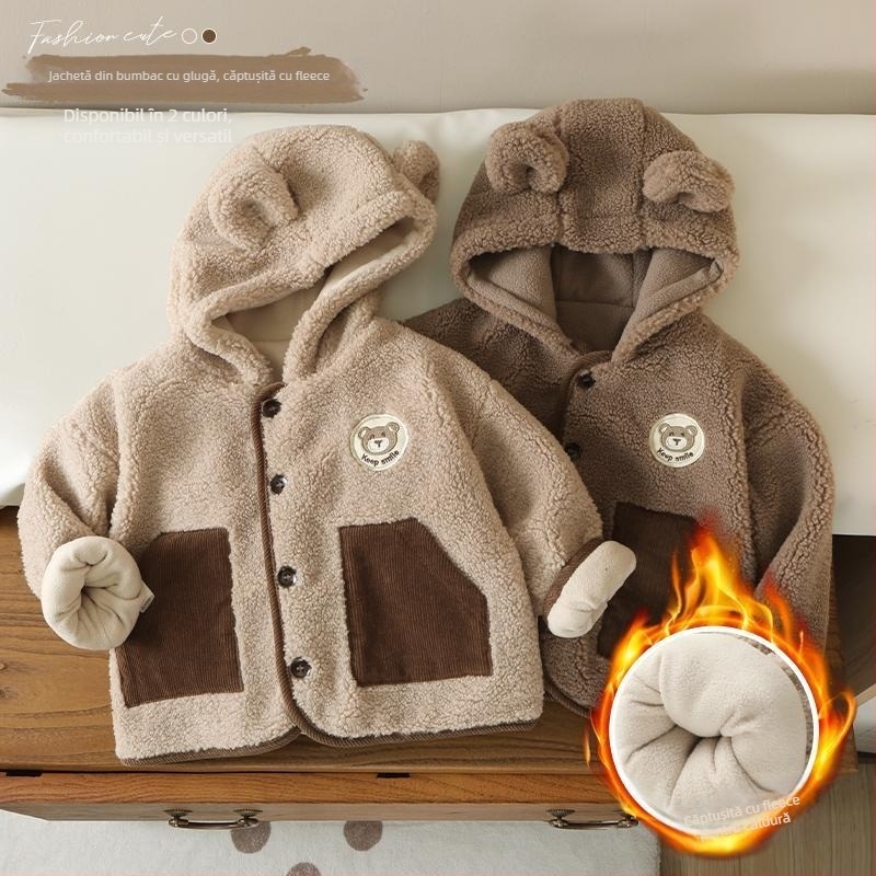 Jachetă pentru copii cu glugă, umplutură din bumbac, stil coreean, gros, căptușeală din poliester