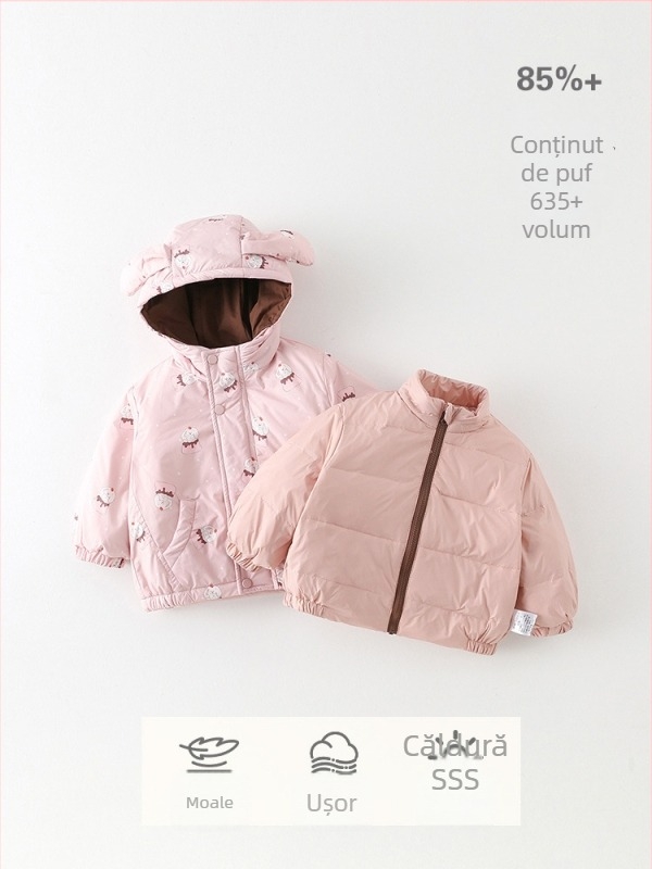 Jachetă de iarnă trei în unu pentru fetițe, cu glugă, pentru 1–3 ani, umplutură din puf de gâscă alb, exterior din nylon, căptușeală poliester